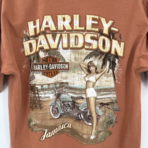 HARLEY DAVIDSON 2014 Orange Jamaica T Shirt Men's Size Large Pin-Up Girl Babe - Picture 2 of 9